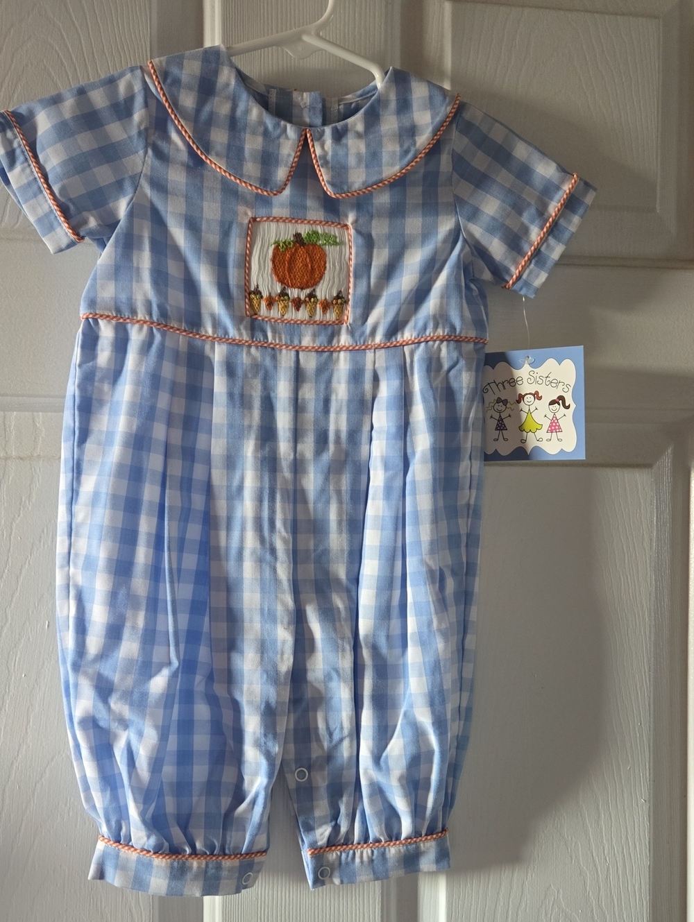 Three Sisters Light Blue Gingham Pumpkin Embroidered Baby One-Piece